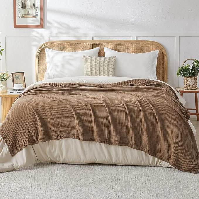 Fast EMME Cotton Muslin King Blanket Bed Layering Breathable Gauze Blanket Soft Lightweight Blankets Adults Brown 108 quot x90 quot Stylish