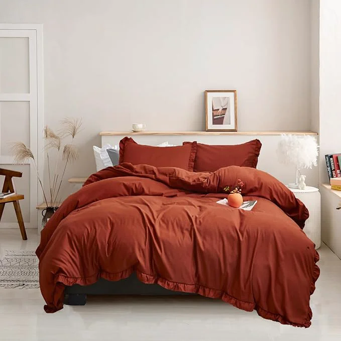 Sustainable Luxlovery Ruffle Comforter Set King Burnt Orange Farmhouse Caramel Bedding Comforter Set Shabby Chic Rust Orange Solid Blanket Quilts Ruffled Reddish Caramel Bedding Set for Women Men Fine