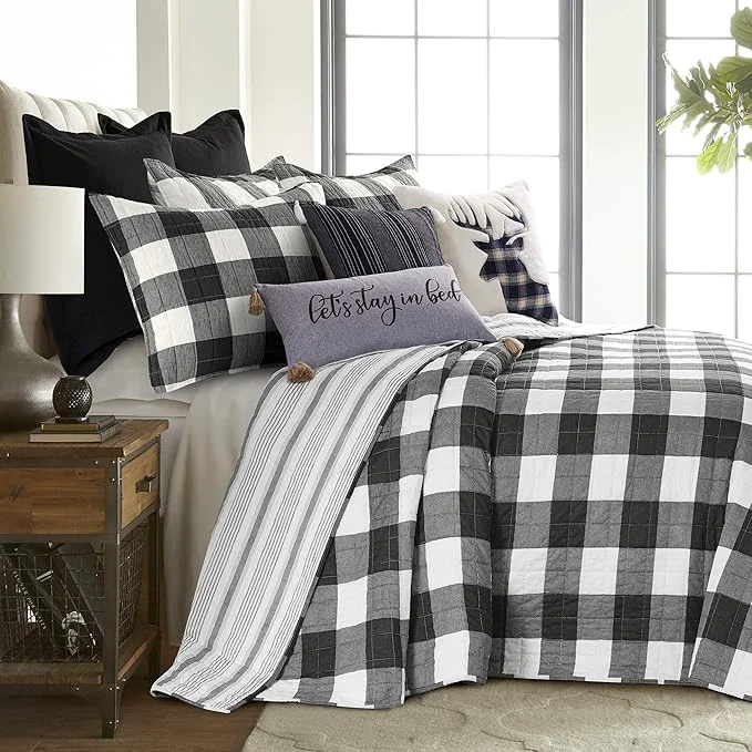 Stylish Levtex Home – Camden Bedspread Set – King 120 x 118 in. Two King Pillow Shams 36 x20 in. – Buffalo Check in Black and Cream – Reversible Pattern – Cotton Sustainable