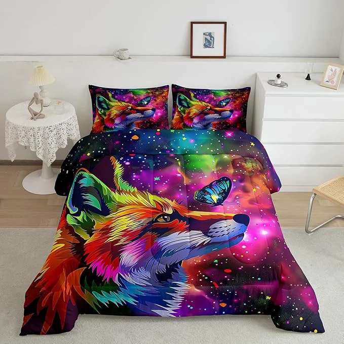 Prestigious Fox Print Bedding Set Full Cartoon Fox Butterfly Comforter Set for Kid Girl Boys 3D Animal Theme Colorful Galaxy Painting Quilt Duvet Starry Sky Down Comforter Home Room Decor with 2 Pillow Cases Pure