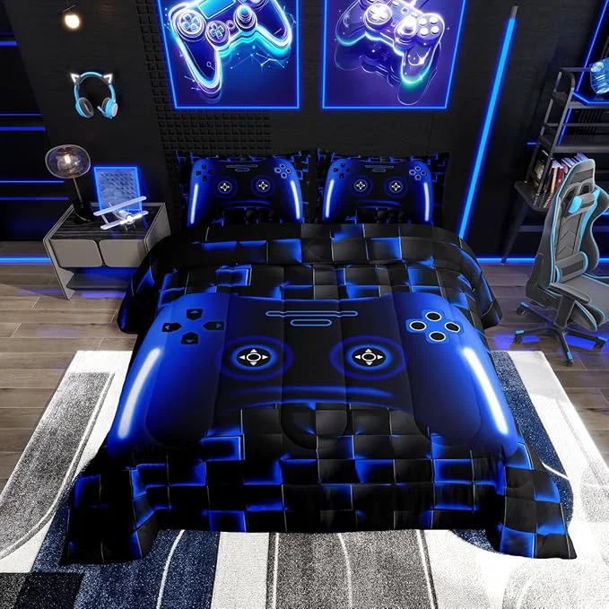 Exceptional Gaming Full Size Comforter Sets For Kids Boys Teen Girls Game Controller Bedding Set 3Pcs Gamer Comforter For All Season Blue And Black Geometric Checkered Quilt Set For Young Men Soft Lightweight Elegant