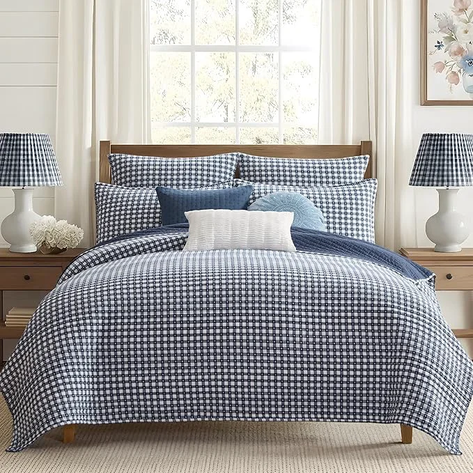 Pure Levtex Home – Camden Gingham Stitch Navy Quilt Set – King Quilt 106x92in and 2 King Shams 20x36in – Textured Gingham – Navy and White – Reversible – Cotton Textured High-Grade