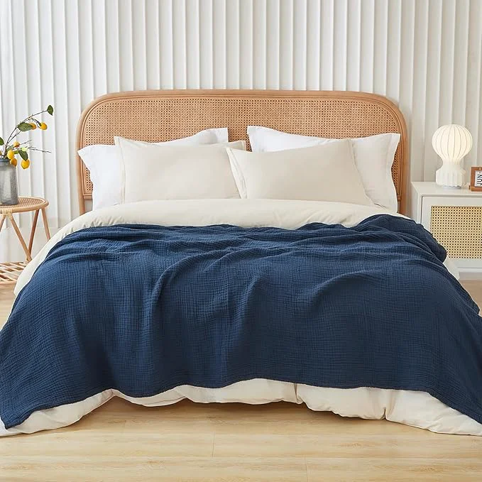Clean EMME Cotton Muslin King Blanket Big Oversized Bed Layering Bedspread Coverlet Breathable Gauze Soft Lightweight Blankets Navy 120 quot x94 quot Minimalist