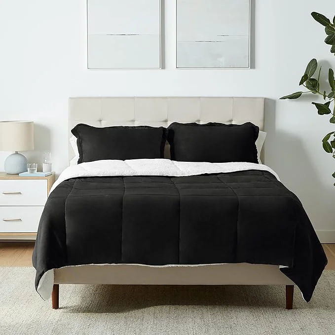 Easy-to-Use Amazon Basics 3-Piece Micromink Sherpa Bedding Set Ultra-Soft Warm All Season Comforter Full Queen Black Reversible Next-Generation