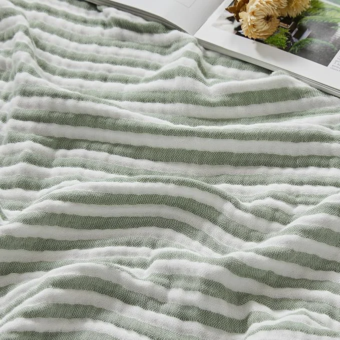 Versatile EMME Cotton Muslin Queen Blanket Bed Layering Bedspread Coverlet Breathable Gauze Soft Lightweight Adults Striped Sage Green 90 quot x90 quot Sophisticated