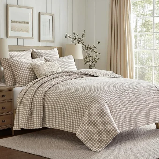 Comfortable Levtex Home – Camden Gingham Stitch Taupe Quilt Set – Full Queen Quilt 88x92in and 2 Standard Shams 20x26in – Textured Gingham – Taupe and Cream – Reversible – Cotton Textured Fashionable