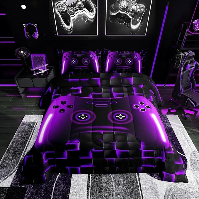 Minimalist Gaming Full Size Bedding Sets For Kids Boys Teen Girls Game Controller Comforter Set 3Pcs Gamer Bedding For All Season Purple And Black Geometric Checkered Quilt Set For Young Men Soft Lightweight Specialty