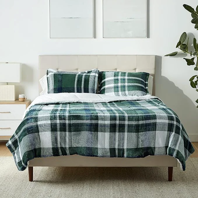 Minimalist Amazon Basics 3-Piece Ultra-Soft Micromink Sherpa Fleece Bedding Set Warm All Season Comforter Full Queen Green Plaid Prestigious