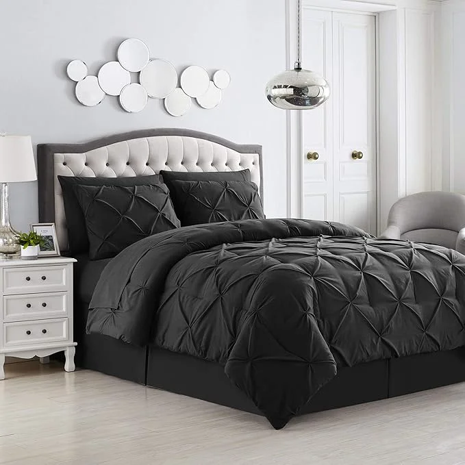 Professional Comforter Set 8 Piece Bed in a Bag Design Bed Sheets 2 Pillowcases amp 2 Shams Down All Season Warmth Queen Pintuck Black Pack of 3 High-End