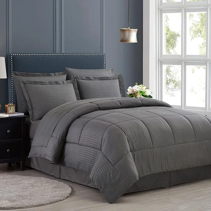 Smooth King Size Comforter Set 8 Piece Bed in a Bag with Bed Skirt Fitted Sheet Flat Sheet 2 Pillowcases 2 Pillow Shams King Dobby Gray Optimized