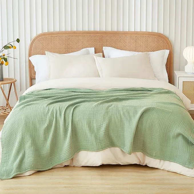Trendy EMME Cotton Muslin King Blanket Big Oversized Bed Layering Bedspread Coverlet Breathable Gauze Soft Lightweight Blankets Sage Green 120 quot x94 quot Quality