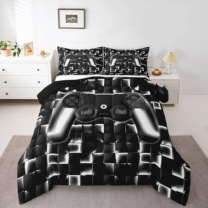 Classic Erosebridal Video Game Queen Boys Bedding Set Gamer Kids Comforter Geometric Gaming Bedding Comforter Teen Men Neon Lights Checkered Game Console Bed Set Black White Gradient Gamepad Quilt 3 Piece Elite