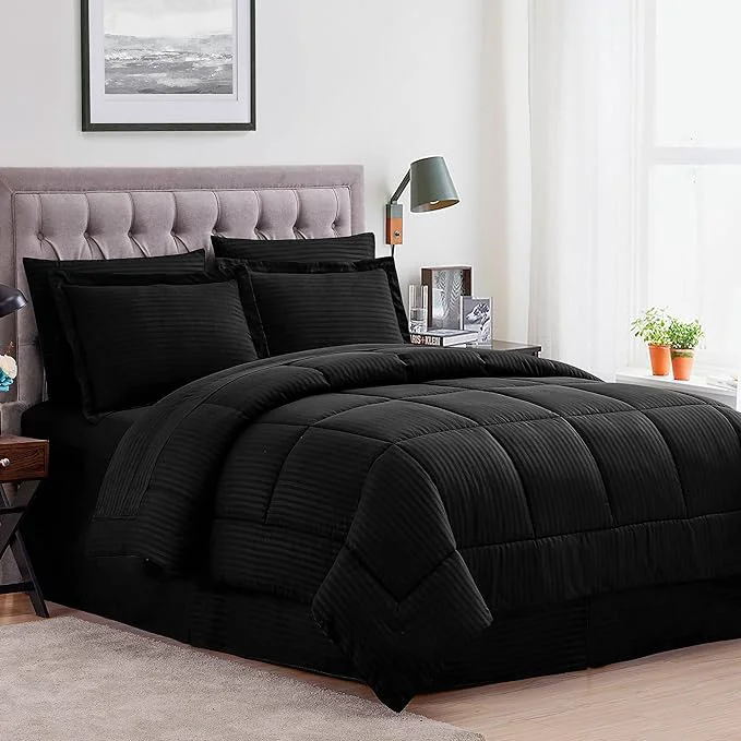 Traditional 8 Piece Comforter Set Bag with Dobby Stripe Design Pack of 3 Functional