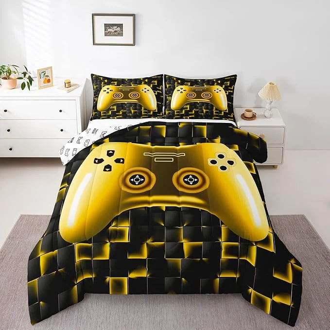 Expertly Made Erosebridal Kids Gamer Bedding Sets for Boys King Gaming Comforter Set Black Gold Geometric Game Console Grids Comforter for Teen Youth Men Video Game Bed Set Soft Lightweight for All Season Modern