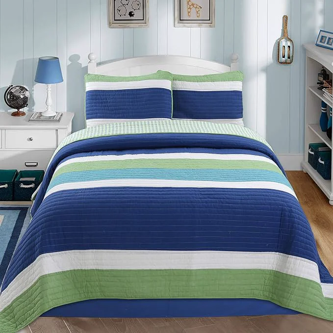 Recyclable Cozy Line Home Fashions Waylon Navy Blue Green White Striped Cotton Reversible Bedding Quilt Set Coverlet Bedspread Blue Green Queen – 3 Piece Elegant