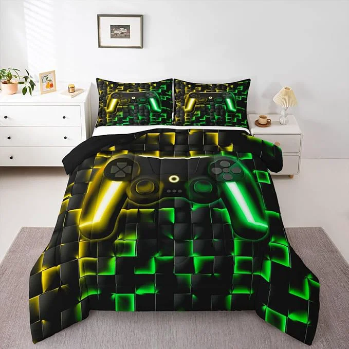 Trendy Erosebridal Gaming Full Bedding Sets for Kids Boys Gamer Comforter Set 3D Neon Lights Ombre Geometric Checkered Gamepad Quilt Comforter Lightweight Gamer Bed Duvet Set for All Season Green Gold Reusable