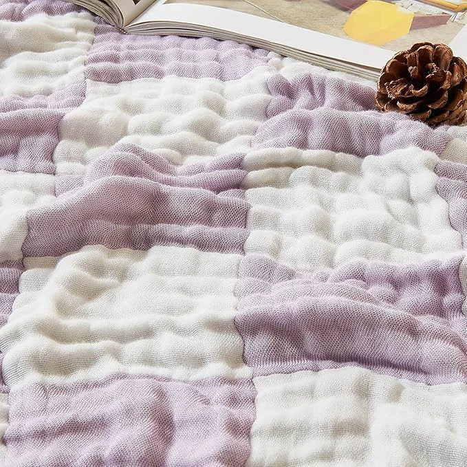 Casual EMME Checkered Cotton Blanket Twin Large 60 quot x80 quot Muslin for Couch Breathable Cooling Gauze All Season Soft and Lightweight Lavender Certified