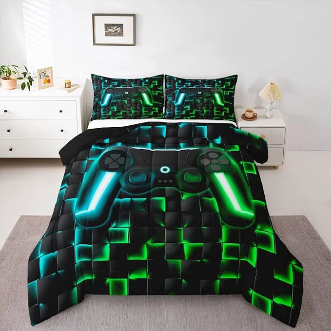 Premium Material Erosebridal Gaming Queen Comforter Set for Boys Kids Gamer Bedding Sets 3D Geometric Ombre Gamepad Bed Comforter Set for Teen Men Neon Lights Video Game Quilt Duvet Soft Lightweight for All Season Enhanced