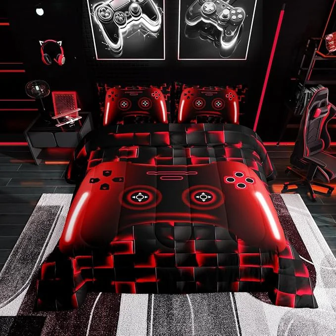 User-Friendly Erosebridal Queen Gaming Bedding Sets for Boys Red Game Console Kids 3D Black Gamer Comforter Set with 2 Pillowcases for Boys Girls Teen Lightweight Geometric Gamepad Bedroom Set Red Queen Quality