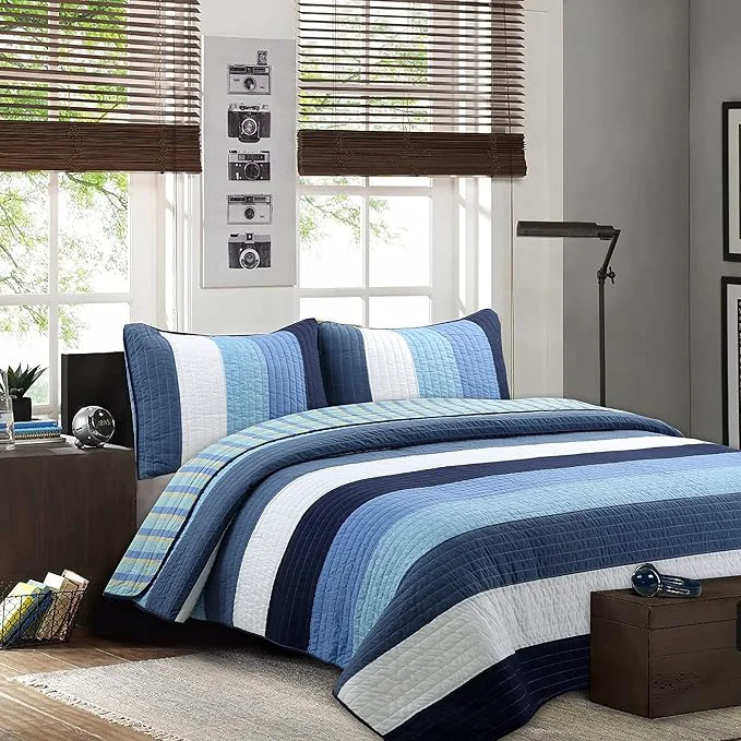 Outstanding Cozy Line Home Fashions Navy Blue Striped Boy Cotton Reversible Quilt Bedding Set All-Season Coverlet Bedspread Preston Queen – 3 Piece Minimalist