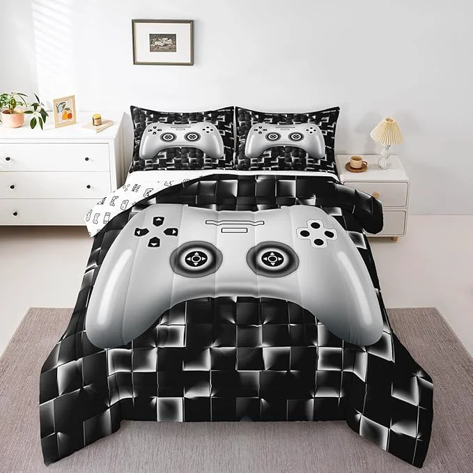 Smart Erosebridal Kids Gaming Bedding Sets for Boys Full Black White Gamer Comforter Set Geometric Checkered Game Console Bedding Set for Teen Youth Men 3D Video Game Gamepad Quilt Duvet 3 Piece Environmentally Friendly