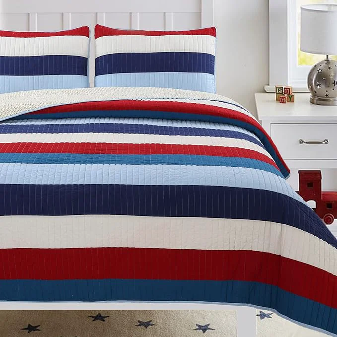 Healthy Cozy Line Home Fashions Aaron Bedding Quilt Set Nautical Navy Blue Red Off-White Striped Cotton Reversible Coverlet Bedspread Bedding Set National Stripe Queen – 3 Piece Certified