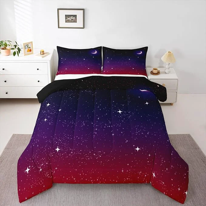 Verified Purple Galaxy Comforter Full Size Moon Star Comforter Set Night Starry Sky Bedding Sets Reversible Space Nebula Cosmos Aesthetic Down Comforter for Kids Adults With 1 Comforter and 2 Pillow Cases Trendy
