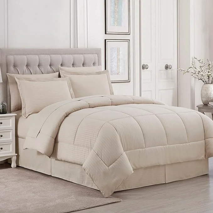 Fast Sweet Home Collection 8 Piece Comforter Set Bag with Dobby Stripe Design Bed Fitted 1 Flat Sheet 2 Pillowcases 2 Shams King Beige Pack of 3 Carefully Designed