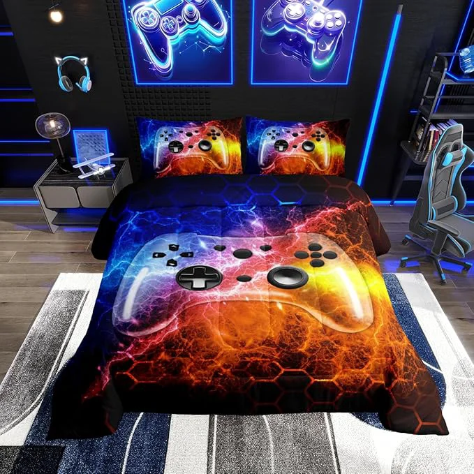 Casual Erosebridal Boys King Size Bedding Set for Teen Boy Game Comforter Kids Chid Honeycomb Games Bedding with Gamepad Room Decor Gamer Gaming for Mens Lighting Viedo Game Quilt with 3 Pcs Trusted