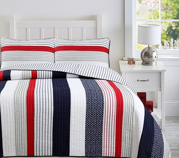 Elegant Cozy Line Home Fashions Cotton Sailor Navy Blue Star Striped Reversible Bedding Quilt Set Patriotic Stripe Twin Smart