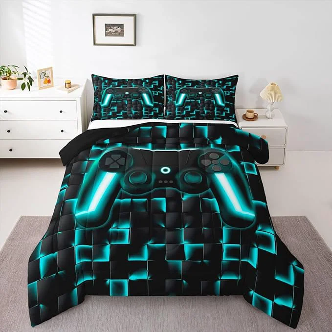 Sustainable Erosebridal Gaming Bedding Set Twin Comforter Set for Boys Kids Geometric Gamer Bedding Sets Teal Black Ombre Checkered Gamepad Quilt Duvet Neon Game Console Bed Cmforter Set 2 Pcs Traditional