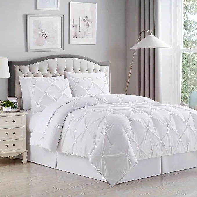 Sophisticated King Size Comforter Set 8 Piece Bed in a Bag with Bed Skirt Fitted Sheet Flat Sheet 2 Pillowcases 2 Pillow Shams King Pintuck White Casual