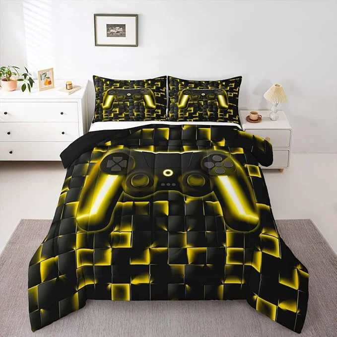 Safe Erosebridal Geometric Gamepad Bed Comforter Set Gaming Bedding Sets Gamer Comforter Sets King Size for Kids Boys Teen Black Gold Neon Lights Game Console Quilt Duvet 1 Comforter with 2 Pillow Cases Green