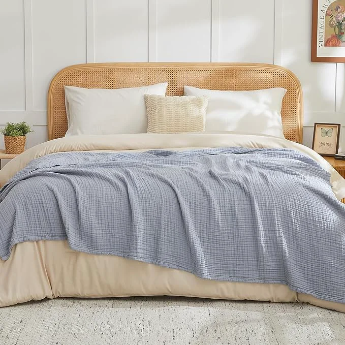 Top-Quality EMME Cotton Muslin King Blanket Big Oversized Bed Layering Bedspread Coverlet Breathable Gauze Soft Lightweight Blankets Dusty Blue 120 quot x94 quot Safe