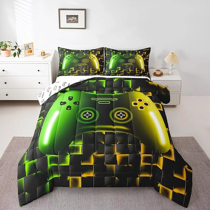 Enhanced Erosebridal Gamer Comforter Sets for Boys King Size Bedding Sets for Boys Girls Kids 3D Gaming Geometric Comforter Game Console Lightweight Microfiber Duvet Quilt Neon Yellow Black Green Glowing Consistent