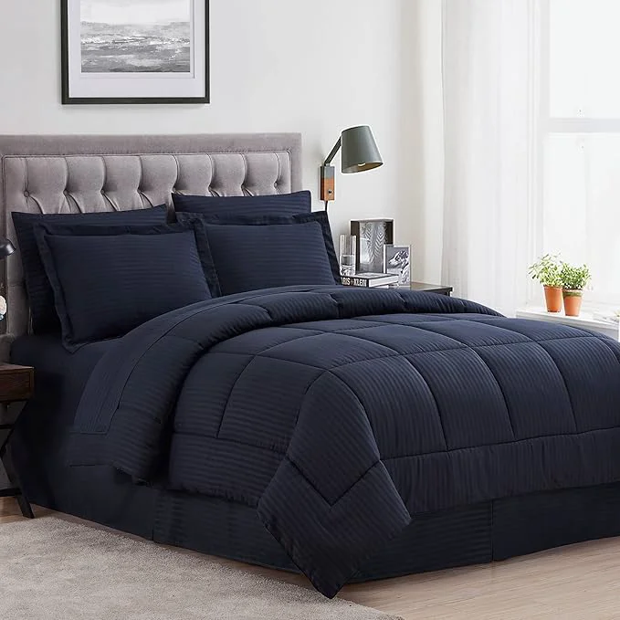 Functional Sweet Home Collection 6 Piece Bed in a Bag with Dobby Stripe Comforter Sheet Skirt and Sham Set Twin Navy 6 Case Pack Pack of 4 24 Count Total High-Quality