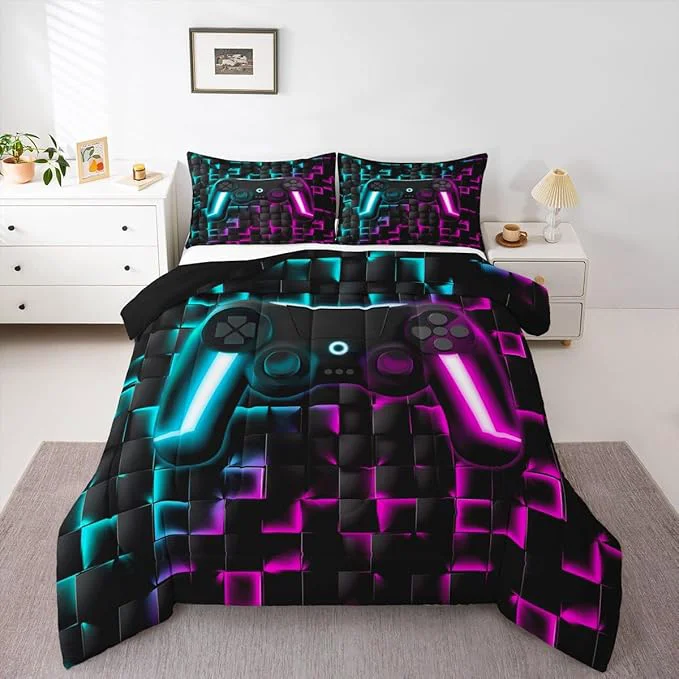 Prestigious Erosebridal Boys Gamer Comforter Set Gaming Full Size Bedding Sets for Kids Boys Teen Men Neon Lights Ombre Checkered Video Games Bed Comforter Set 3D Geometric Game Console Quilt Blue Purple Optimized