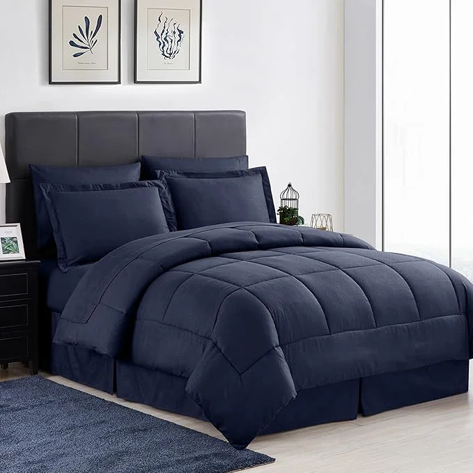 Classic Sweet Home Collection King Size Greek Key Navy 8 Piece Bedding Set – Smooth Piped Edging Sewn-Through Construction Overfilled for Exclusive