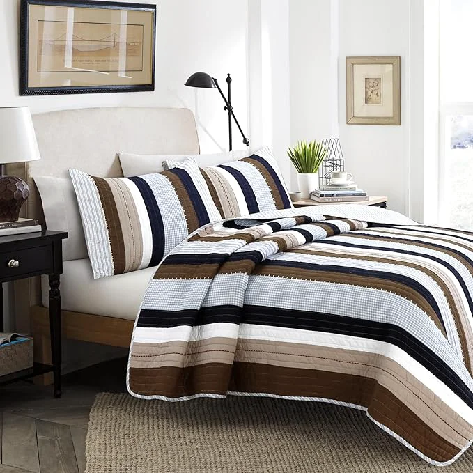 Carefully Designed Cozy Line Home Fashions Sailor Navy Blue Star Striped Print Cotton Reversible Bedding Quilt Set Nathan Stripe King Classic