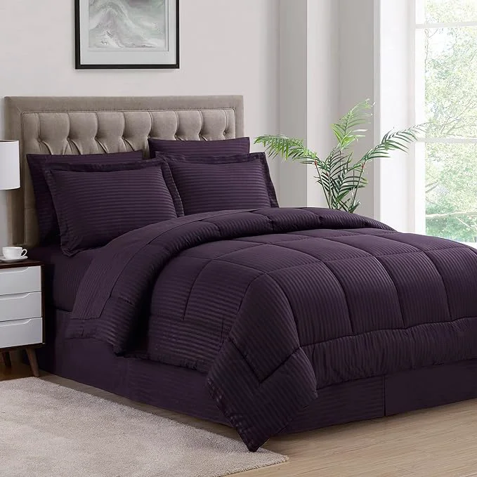 Detailed Queen Comforter Set 8 Piece Bed in a Bag with Bed Skirt Fitted Sheet Flat Sheet 2 Pillowcases 2 Pillow Shams Queen Dobby Purple Comfortable