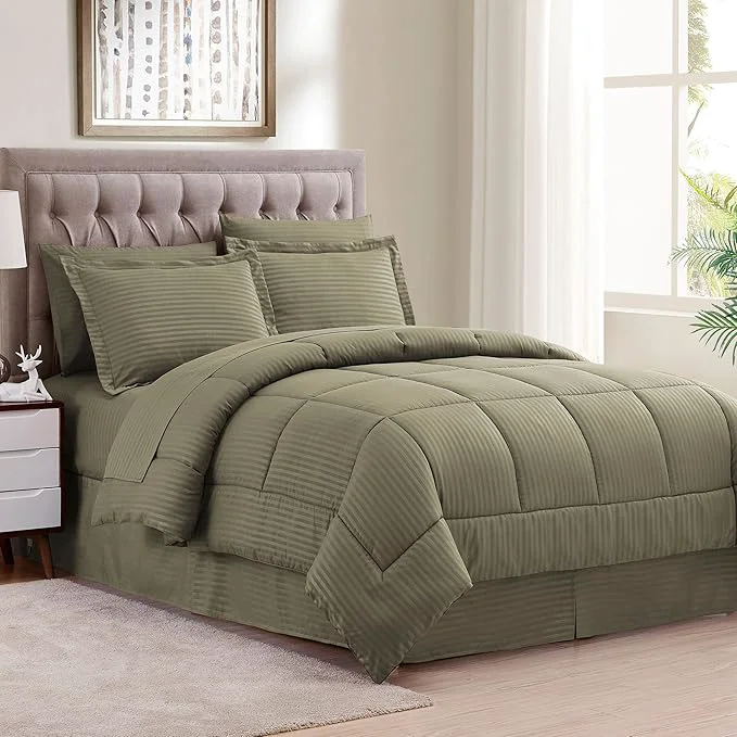 Solid Sweet Home Collection 8 Piece Comforter Set Bag with Dobby Stripe Design Bed Fitted 1 Flat Sheet 2 Pillowcases 2 Shams King Sage Case Pack Pack of 3 Effective