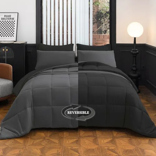 Quality Twin XL Comforter Set – 7-Piece Black All-Season Bedding with Ultra Soft Reversible Lightweight Comforter Bed Skirt Flat Sheets Pillowcases amp Pillow Shams Convenient