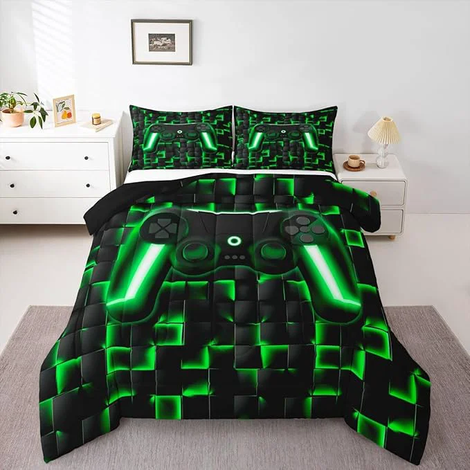 Optimized Erosebridal Gamer Comforter Full Bedding Sets for Boys 3D Geometric Gaming Comforter Set for Kids Girls Men Neon Ombre Checkered Game Console Bed Set Lightweight Quilt Duvet 3 Piece Black Green Clean