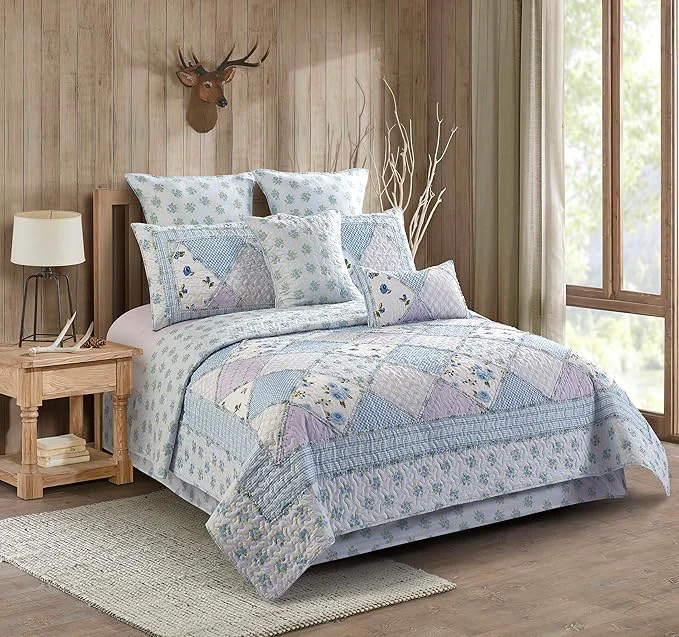 Outstanding Virah Bella 3 Piece King Lodge Quilt Bedding Set – Rustic Country Reversible Comforter Set with Decorative Pillow Shams – Garden of Blues Consistent