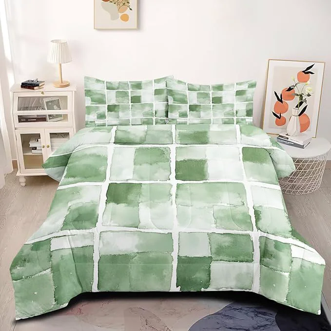 Fast 3Pcs Adults Green Geometric Checkered Bedding Set Modern Geometric Comforter Set Queen Size Dorm Bed Set for Bedroom Decor with Comforter 90 quot x 90 quot and 2 Pillowcases Breathable