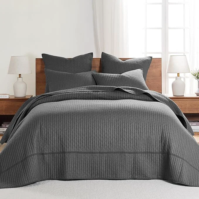 Fast Levtex Home Cross Stitch Reversible Full Bedspread Set 100x104in with 2 Pillow Shams 26x20in – Stitch Texture – Charcoal – Cotton Full Size Bedspread Set – Lightweight Soft Pre-Washed Official