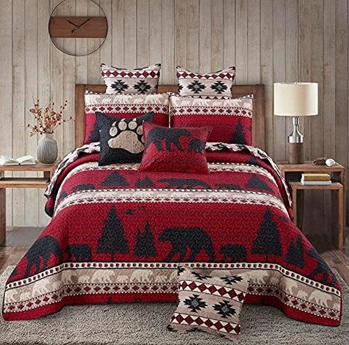 Premium Virah Bella 3 Piece Full Queen Cabin Quilt Bedding Set – Creekside Bear – Rustic Country Reversible Patchwork Comforter Set with Decorative Pillow Shams Sophisticated