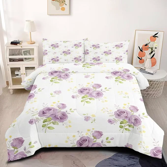 Detailed Purple Roses Comforter Sets King Size Vintage Floral Bedding Set 3 Pieces with 1 Comforter 104 quot x 90 quot and 2 Pillowcases for Girls Bedroom Decor Practical