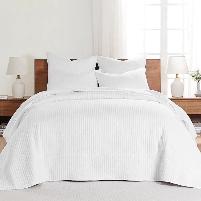 Traditional Levtex Home Cross Stitch Reversible Full Bedspread Set 100x104in with 2 Pillow Shams 26x20in – Stitch Texture – Bright White – Cotton Full Size Bedspread Set – Lightweight Soft Pre-Washed Reliable