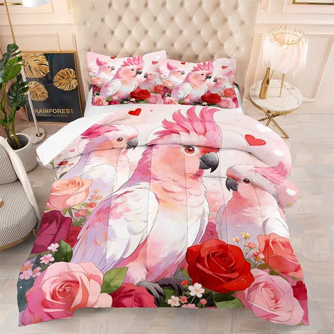 High-Performance 3Pcs Full Size Romantic Roses Comforter Set for Women Pink Parrot Couple Bedding Sets for Women Room Decor 1 Comforter 79 quot x 90 quot and 2 Pillowcases All Season Soft